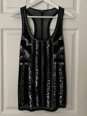 Express Women’s Black Art Deco Silver Sequin Racerback Tank Top S